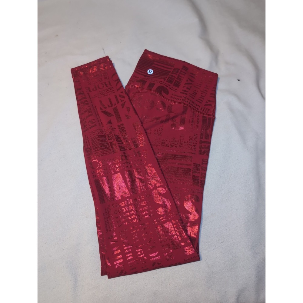 Lululemon Wunder Under Yoga Leggings Womens 6 Red Shiny Manifesto Foil Print